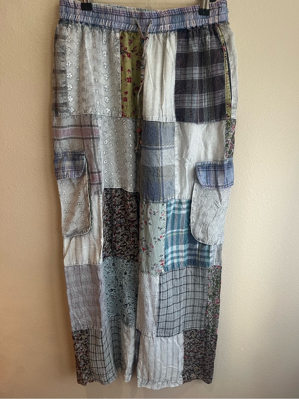 Patchwork Cargo Pants - Light Blue Multi Pattern